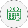 A green icon of an open calendar with the date 1 5.
